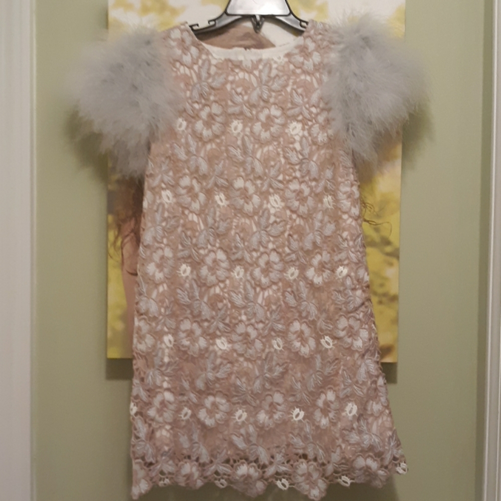 Charabia Feather-Laced Shift Dress Pink